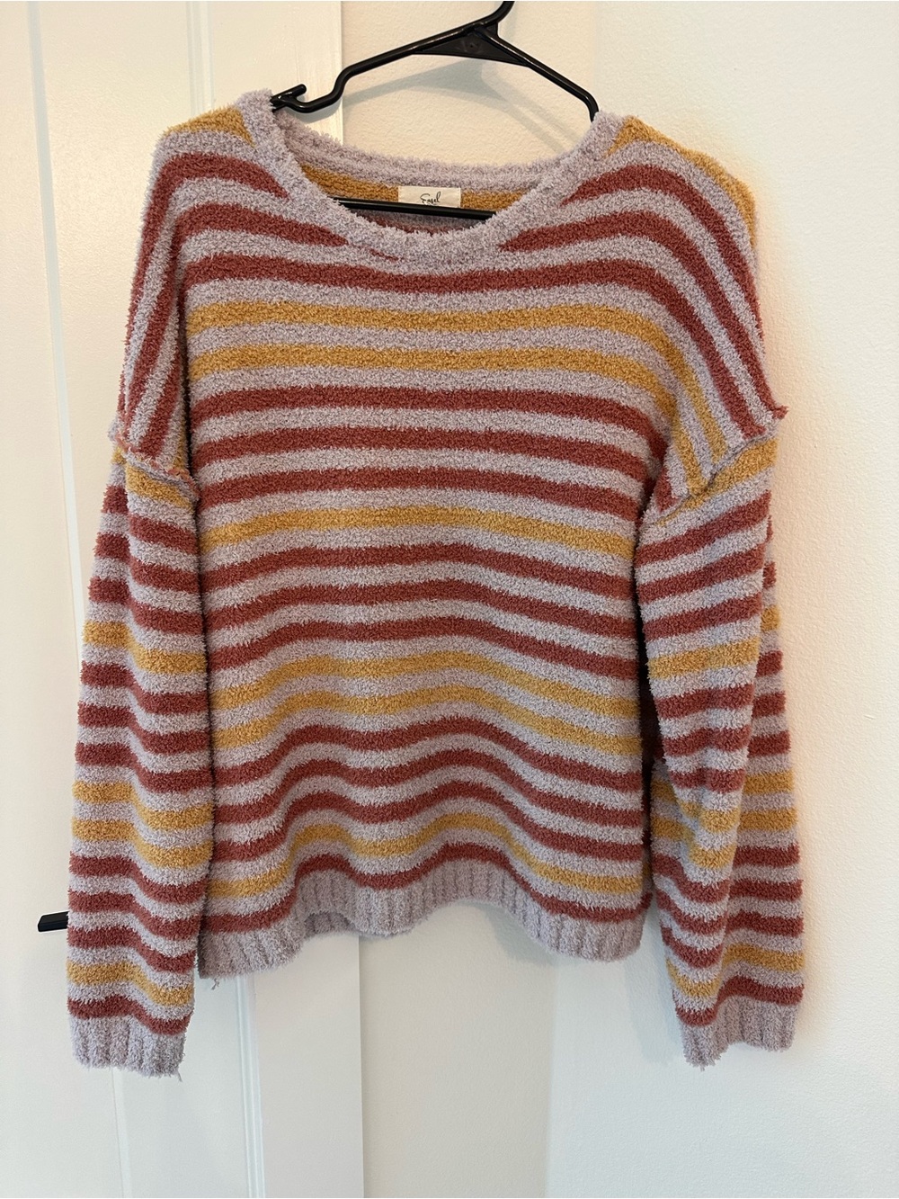 easel Striped Fuzzy Crewneck Sweater in Mauve, Mustard & Rust